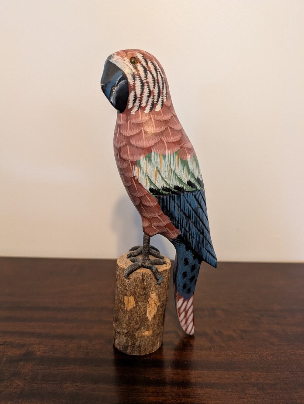 Folk Art Hand Carved & Painted Wooden Parrot, On A Wooden Stump